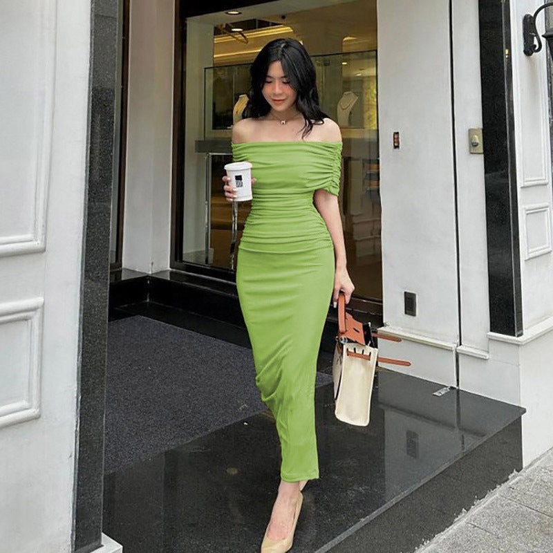 One-Shoulder Pleated Dress, Slim Fit, Bodycon, Side Slit, Cocktail Dress Long Dress
