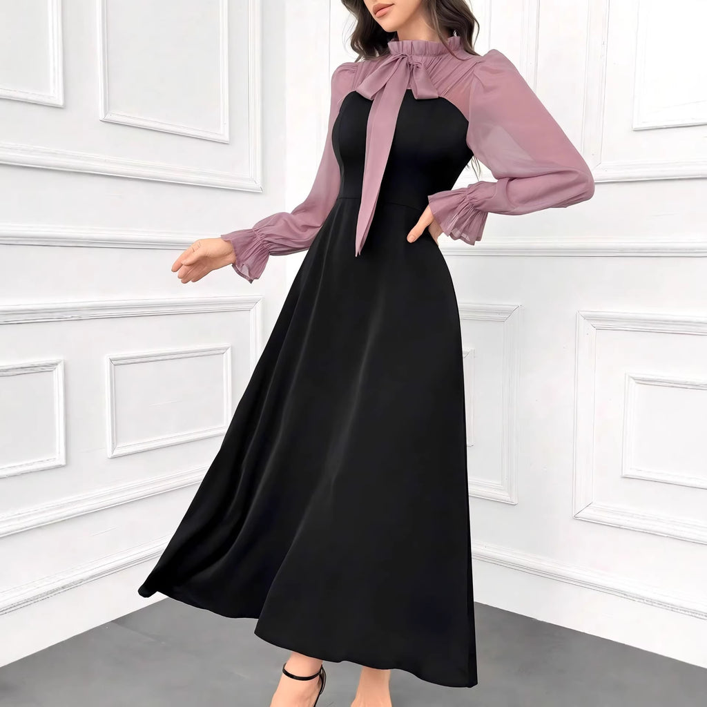 Spliced Dress for Women, Elegant Fitted Waist Slim Black Long Dress, Spring Fashion Style