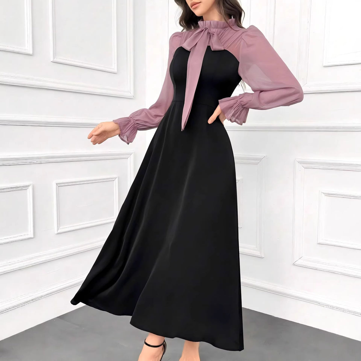 Spliced Dress for Women, Elegant Fitted Waist Slim Black Long Dress, Spring Fashion Style