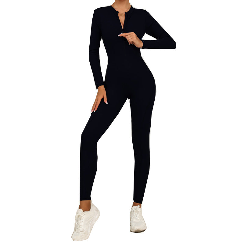 Fall and Winter New Style Zipper Long Sleeve Sheer Yoga Jumpsuit for Women, Daily Fitness and Exercise Full-Length Pants