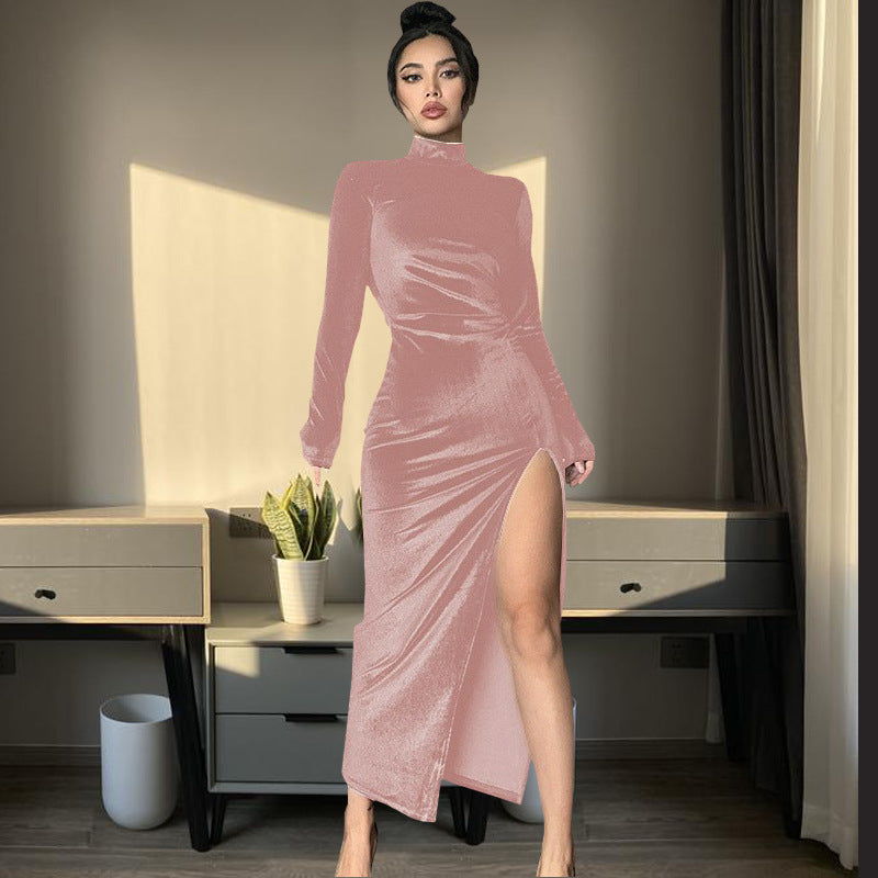 Women's High Neck Long Velvet Dress with Pleats and Slit Fitted SilhouetteAutumn/Winter Fashion