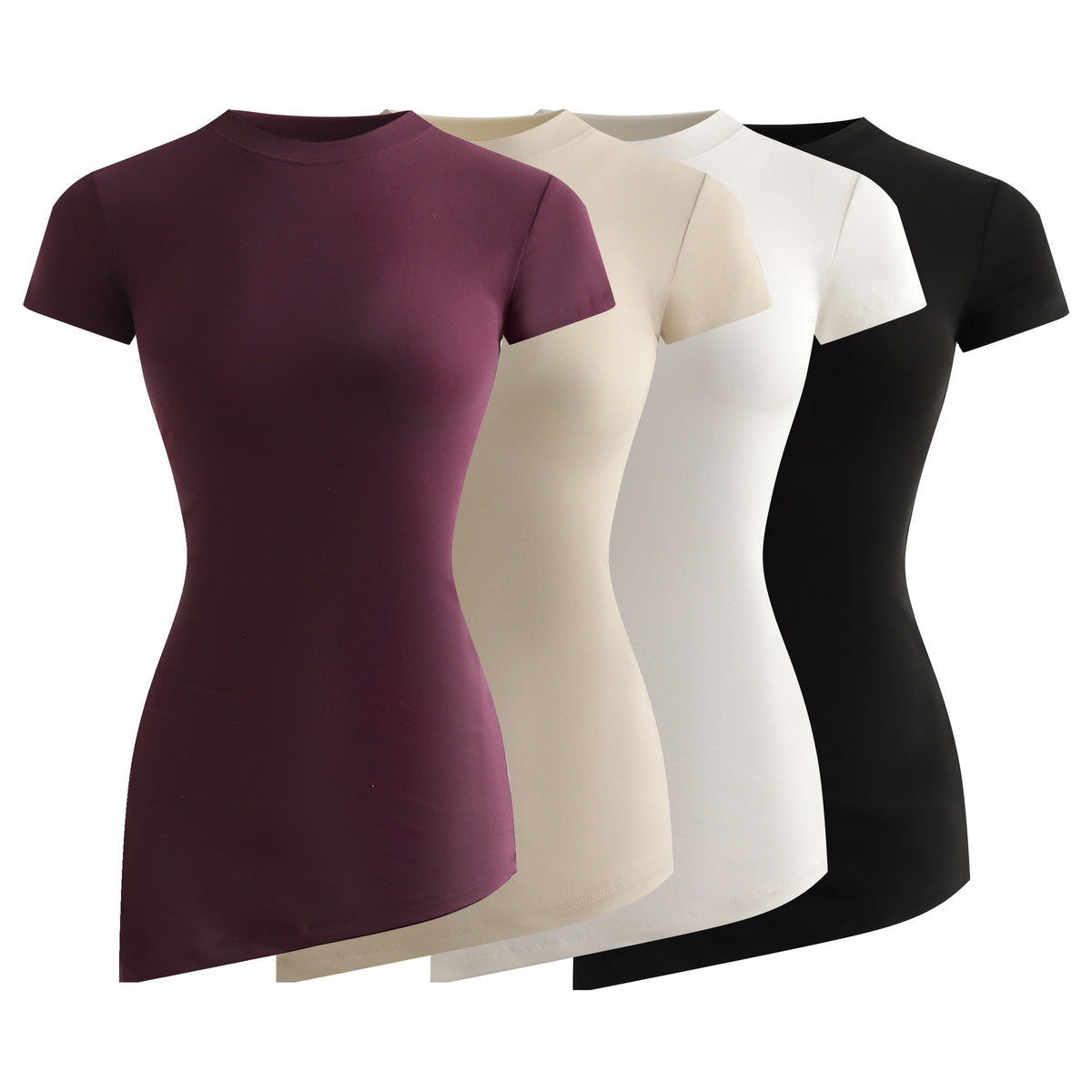 Slim-Fitting Versatile Knit Stretchy Fitted Slimming Short Sleeve Side-Slit Pleated Round Neck T-Shirt for Women
