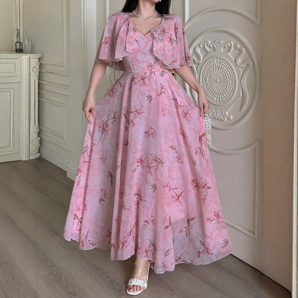 Summer  Printed V-Neck Slim Fit Dress with Flared Skirt and Flutter Sleeves
