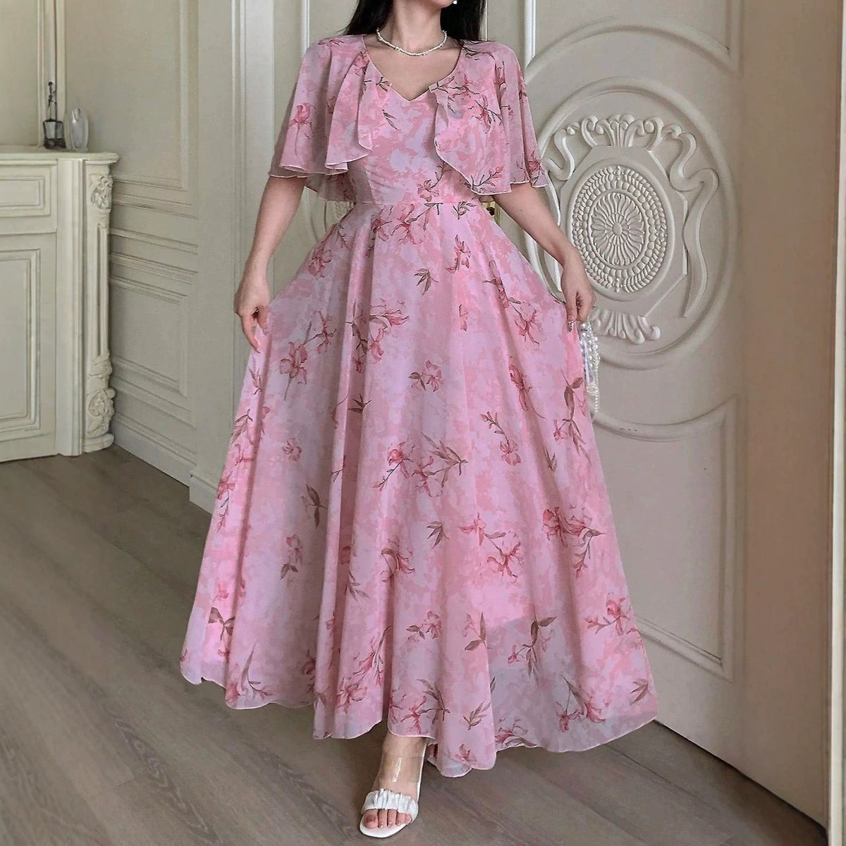 Summer  Printed V-Neck Slim Fit Dress with Flared Skirt and Flutter Sleeves