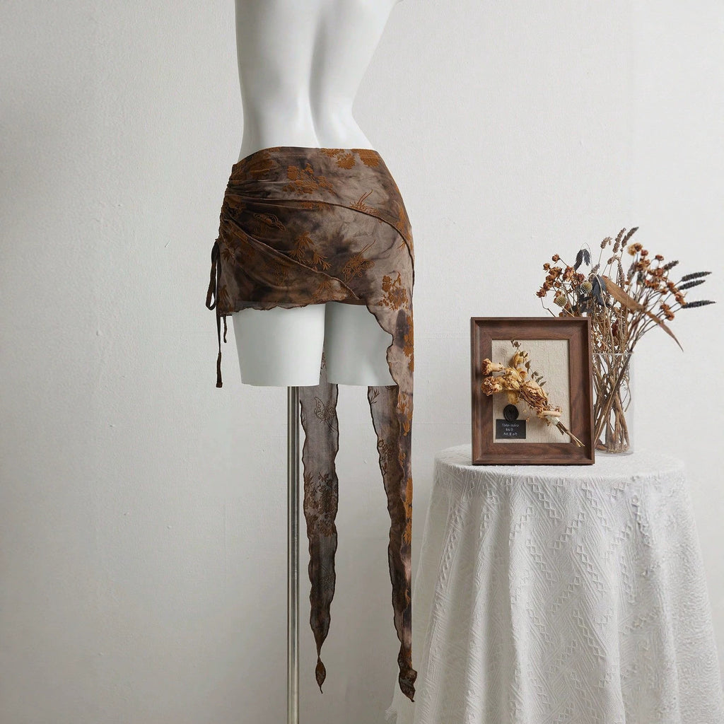 Irregular Mesh Panelled Metal Belt Low-Waist Skirt