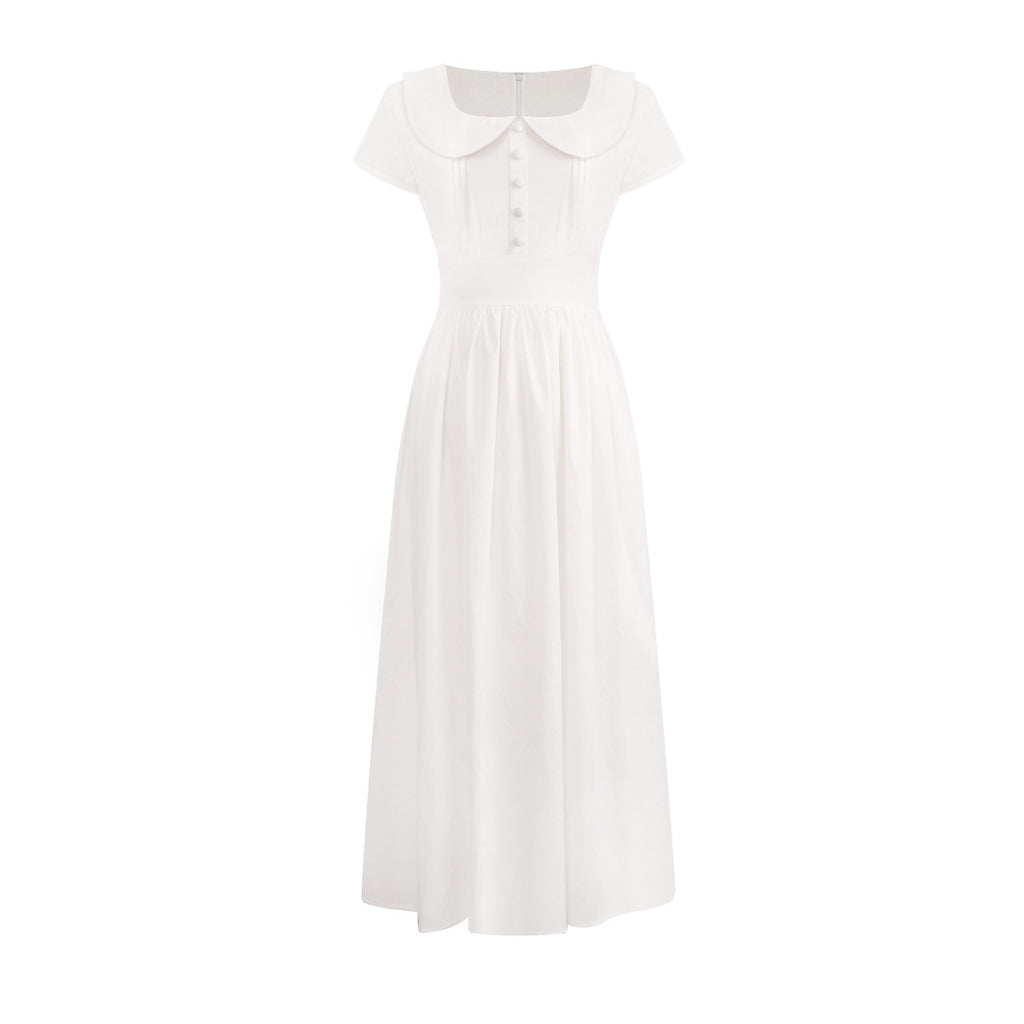 ElegantFeminine Peter Pan Collar Fitted Dress Long Dress