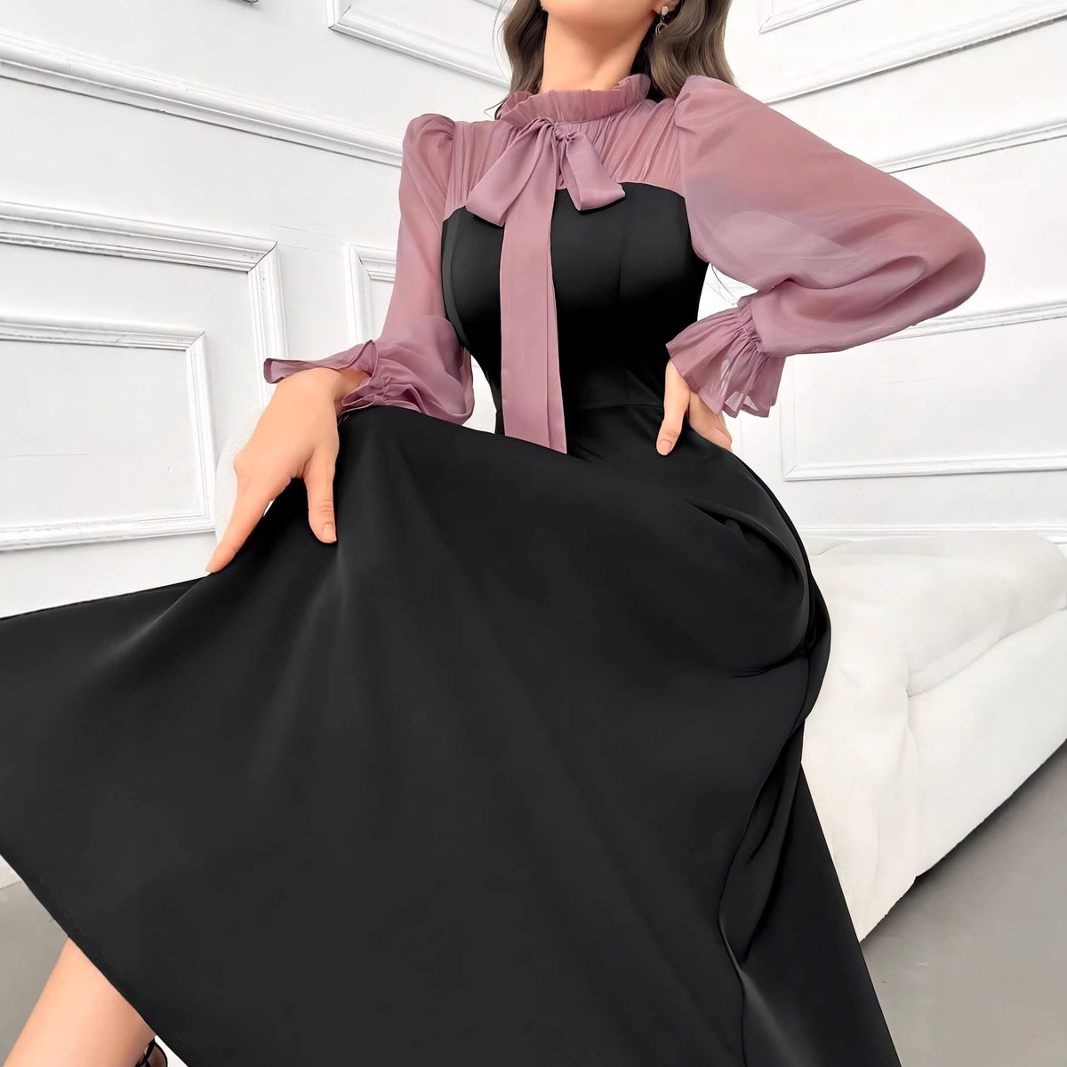 Spliced Dress for Women, Elegant Fitted Waist Slim Black Long Dress, Spring Fashion Style
