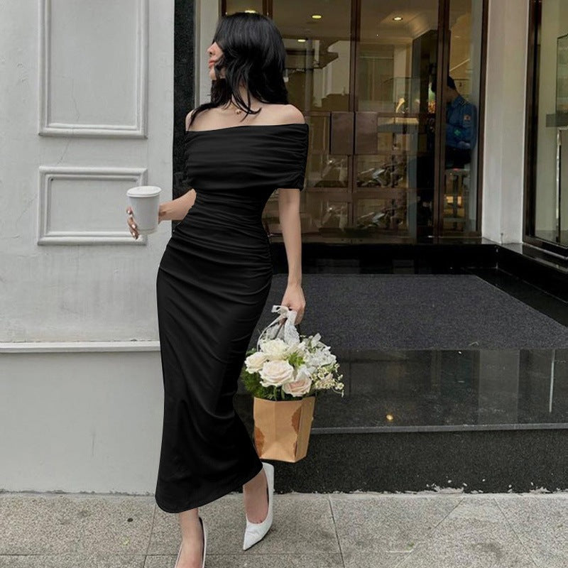 One-Shoulder Pleated Dress, Slim Fit, Bodycon, Side Slit, Cocktail Dress Long Dress