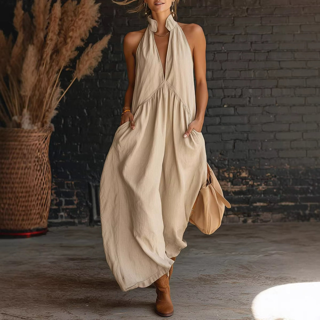 Style Sleeveless Stand Collar Solid Color Long Vacation Dress for Women