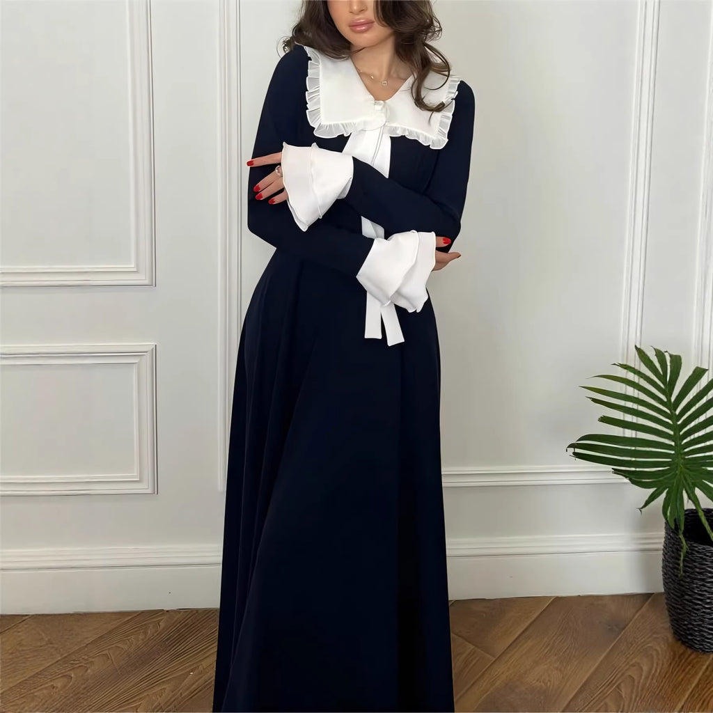 Sweetheart Neckline Flared Sleeve Retro Tie-up Elegant Long Dress