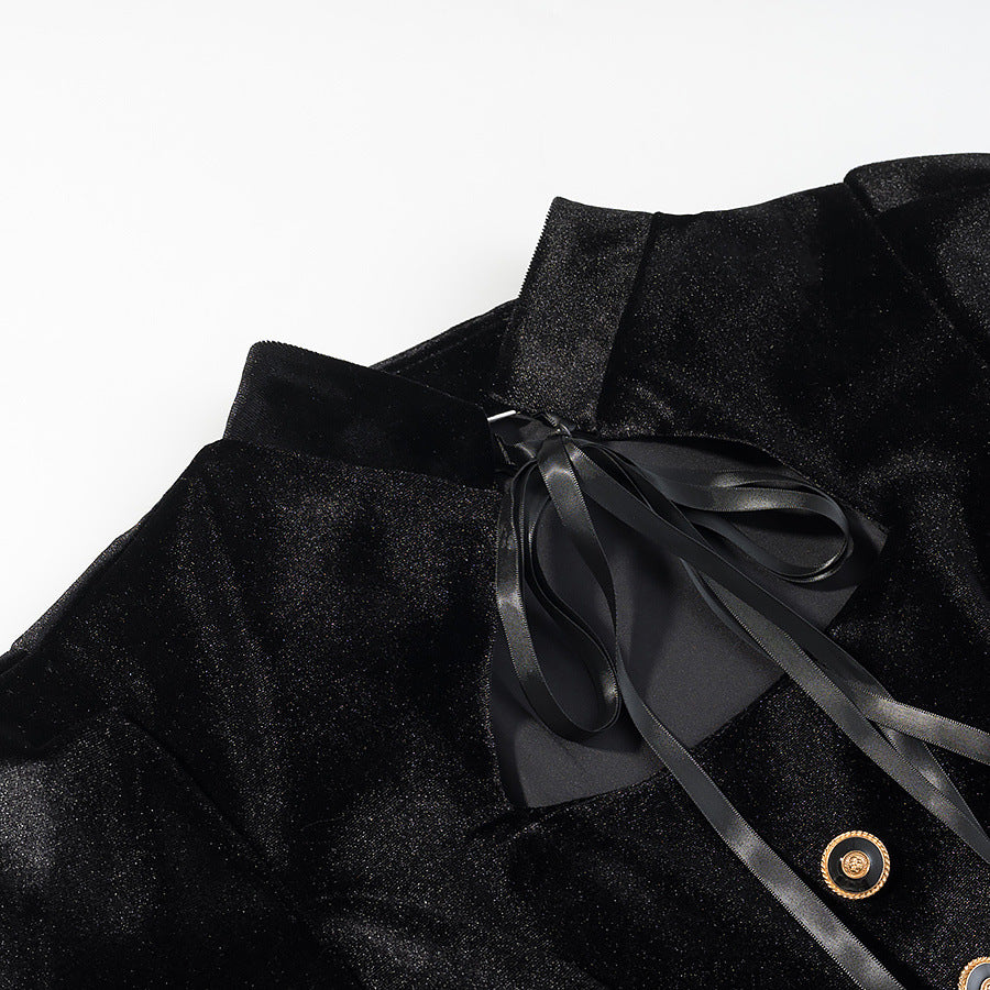 Commuting style elegant velvet patchwork long sleeved dress