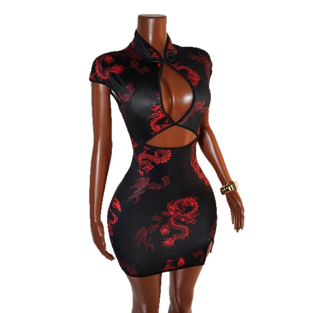 Printed short sleeved cheongsam dress