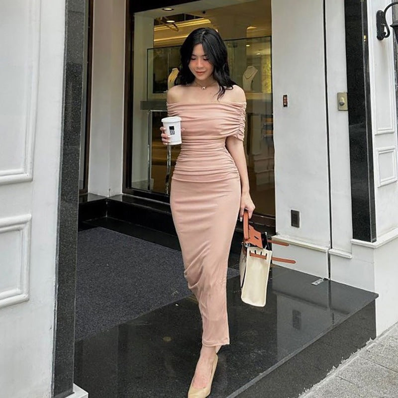 One-Shoulder Pleated Dress, Slim Fit, Bodycon, Side Slit, Cocktail Dress Long Dress
