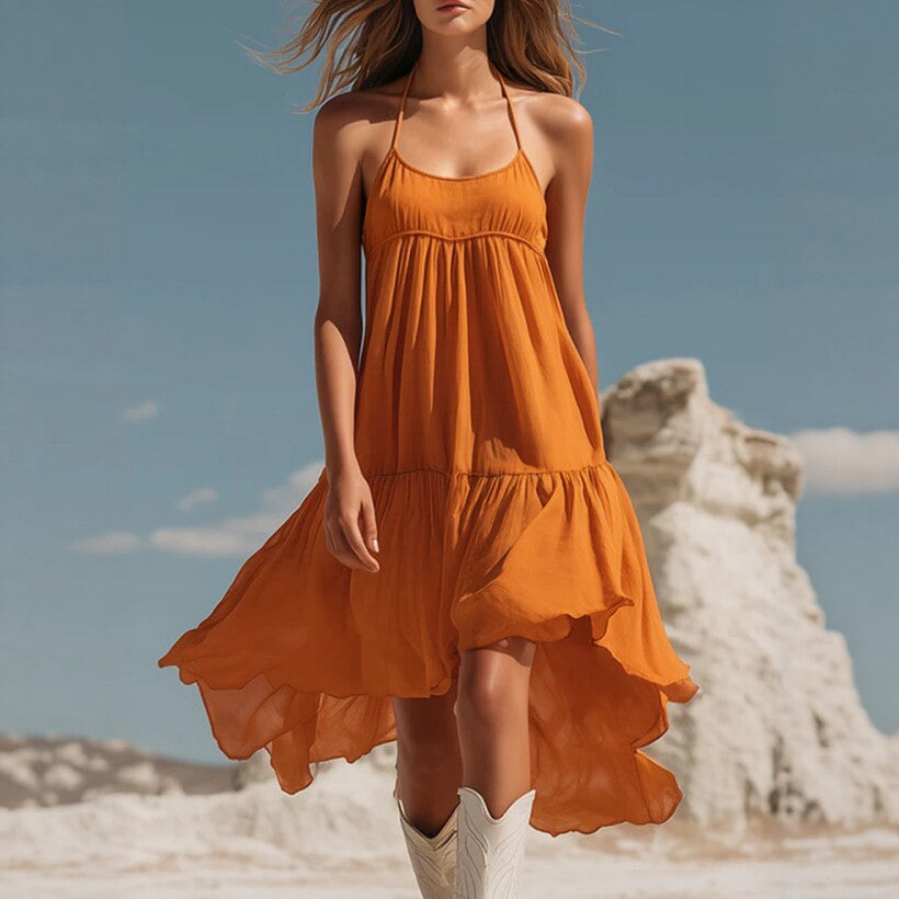 Summer New Style Vacation Bohemian Strapless Ruffle Irregular Dress for Women Beach Dress