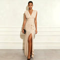 Solid color V-neck sleeveless slit dress
