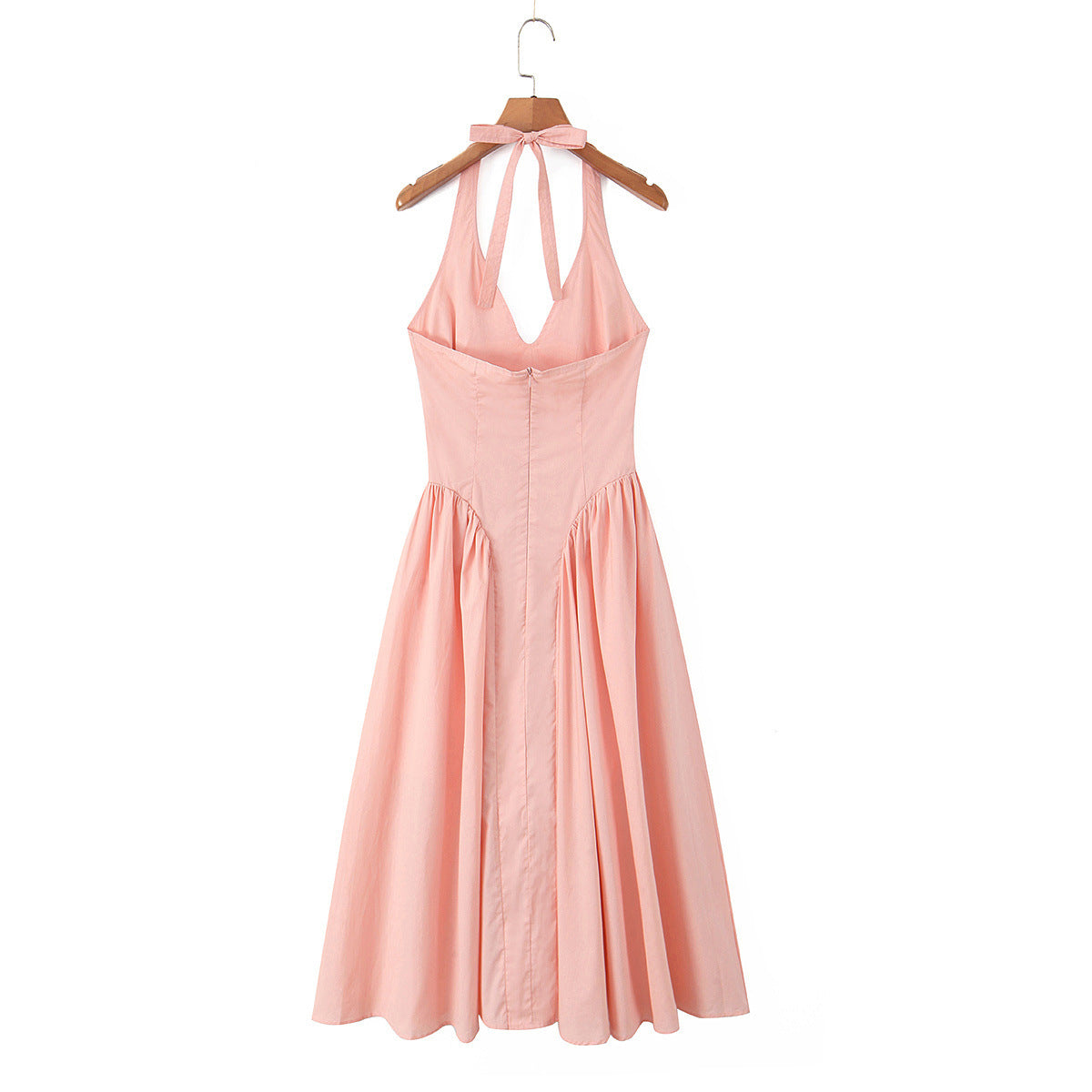 Elegant waist cinched backless neck hanging mid length dress