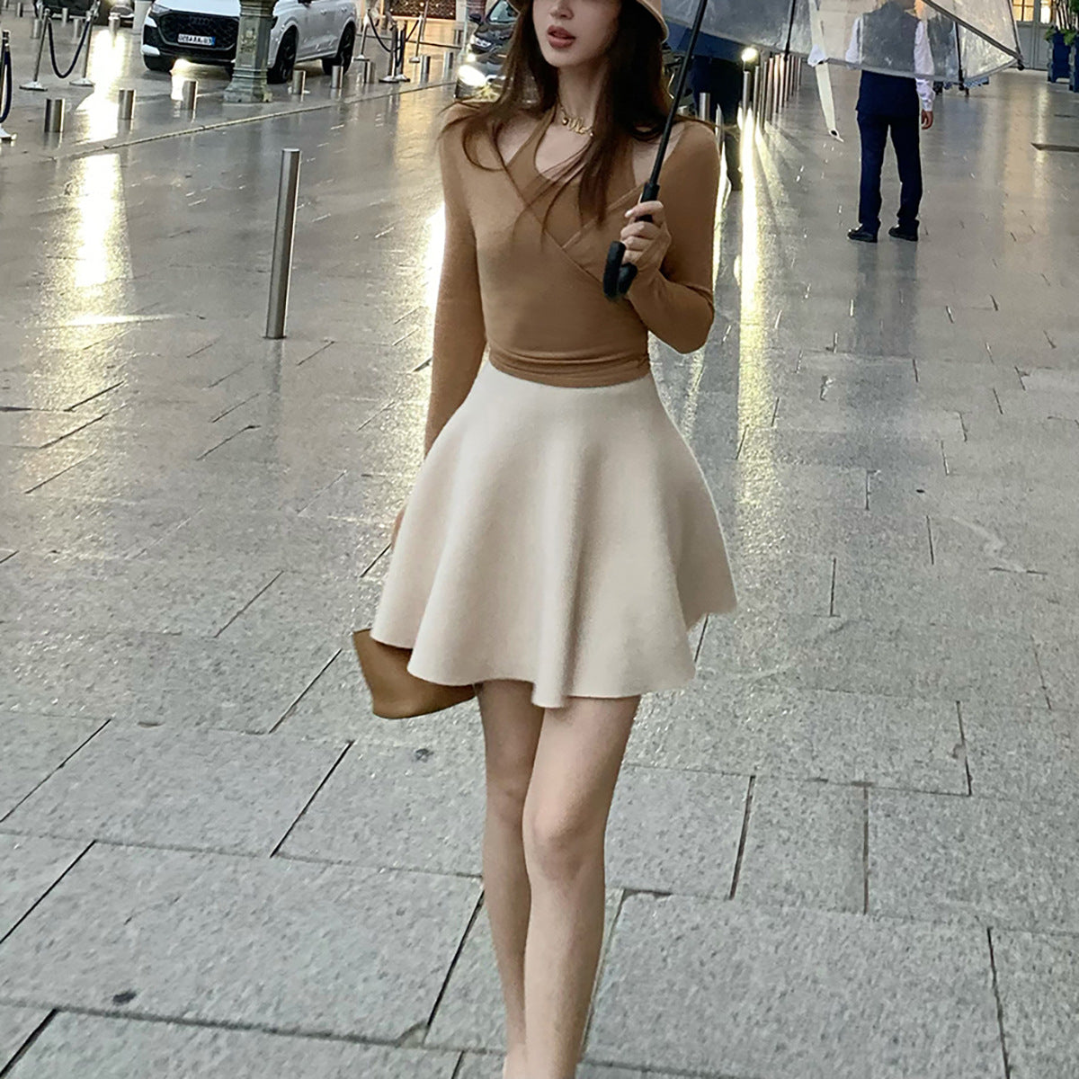 Sweet Girl Style Elegant Silhouette Wool Tailored Umbrella Skirt Slimming Midi Skirt Autumn Winter Solid Color