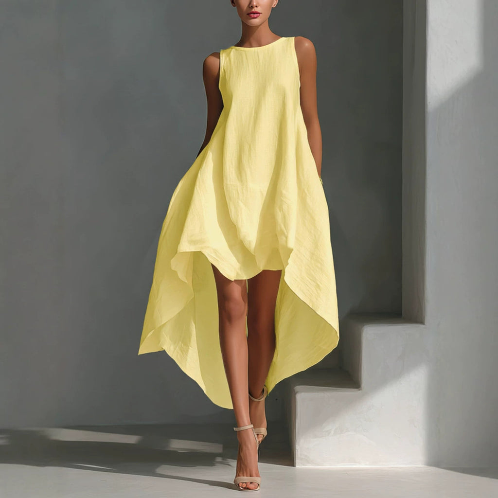 Spring Cotton Linen Irregular Hem Sleeveless Dress for Women Casual Vacation Wear