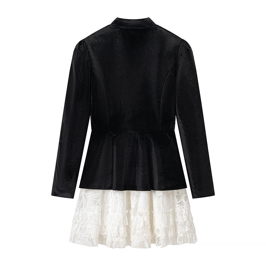 Commuting style elegant velvet patchwork long sleeved dress