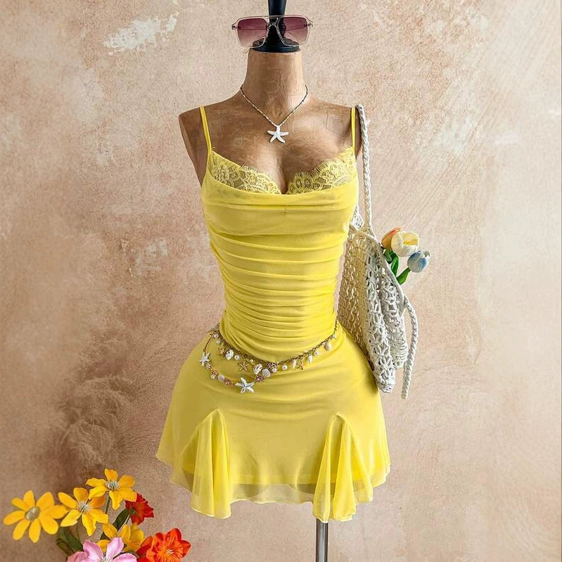 Soft Yellow Lace Strap Dress with Pleated Waist, Tulle Ruffle,Elegant Bodycon Style
