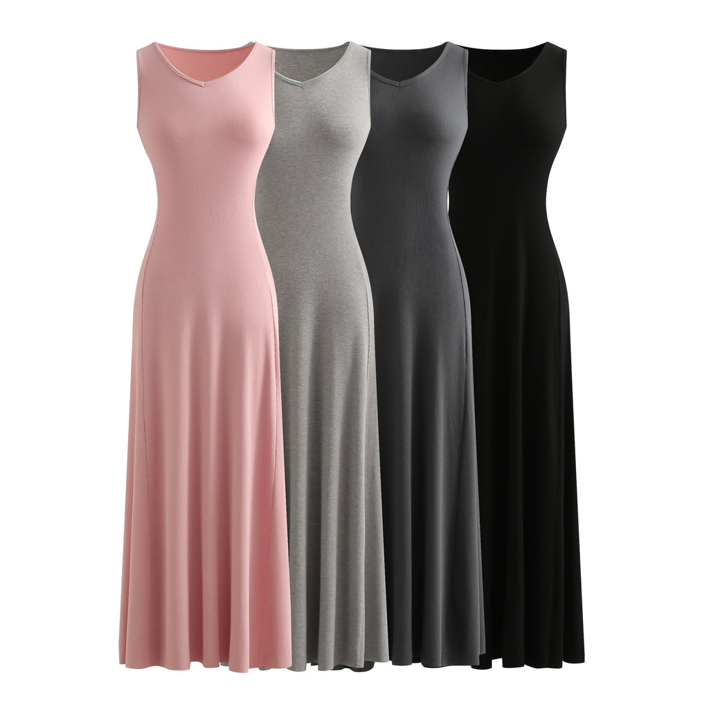 Elegant V-Neck Knitted Fitted Waist Cinched Sleeveless Tea Dress for Women Long Dress