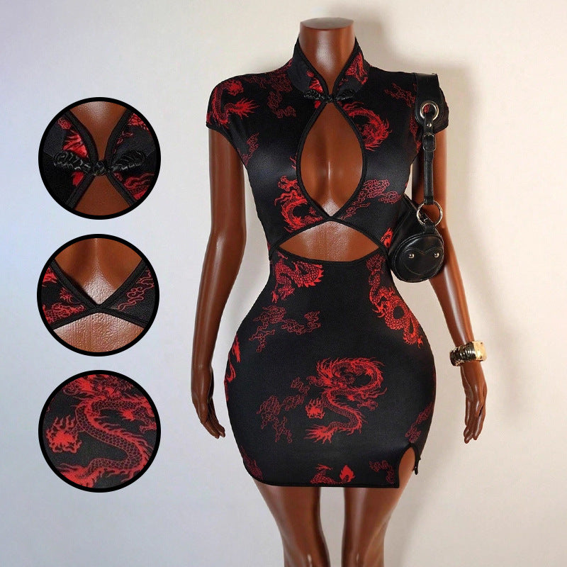 Printed short sleeved cheongsam dress