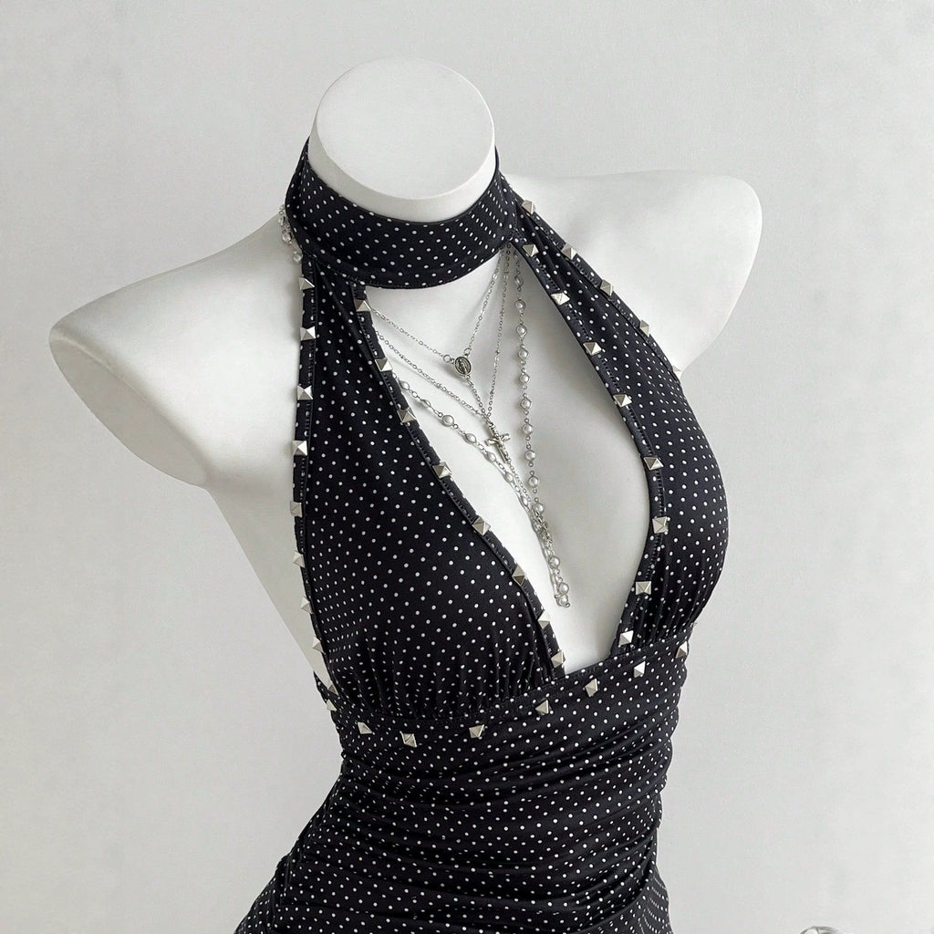 Hanging neck V-neck polka dot waist women's dress