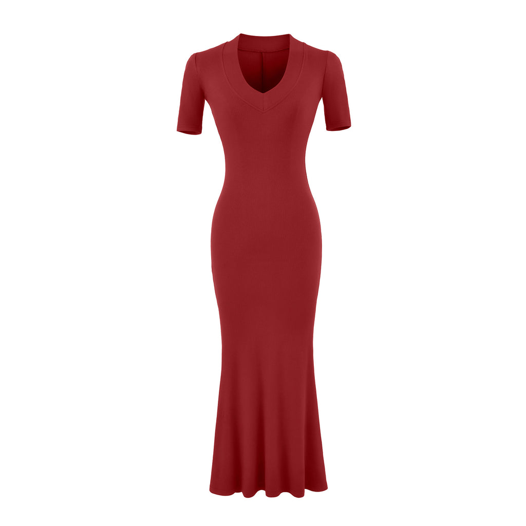 U-Neck Fitted Waist-Cinching Short Sleeve Long Dress for Women, Drapey Elegant Bodycon Mermaid Long Skirt