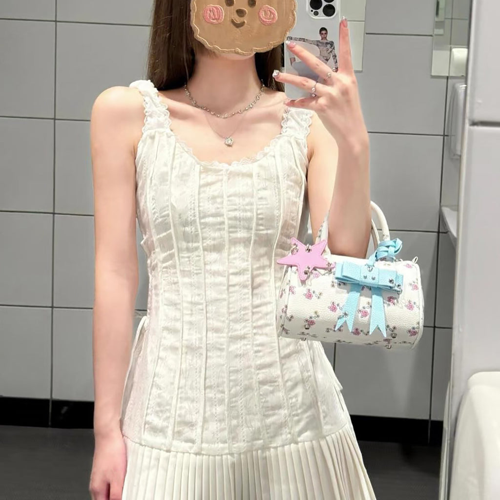 Asymmetrical Pleated Tie-Up Dress with Strap Design, Romantic Mini Dress for Date, Elegant Pleated Dress