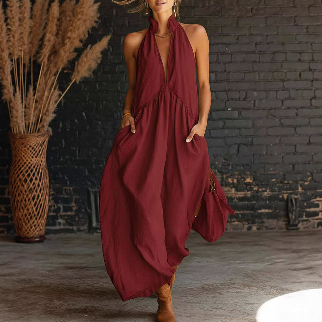 Style Sleeveless Stand Collar Solid Color Long Vacation Dress for Women