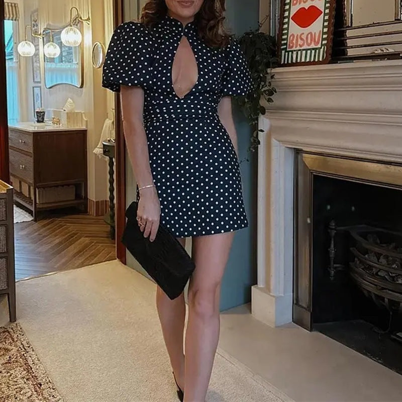 Elegant Polka Dot Dress with Stand Collar and Hollow Design for Women
