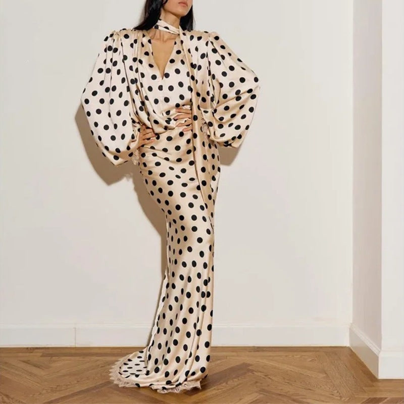 Vintage Polka Dot Puff Sleeve Fitted Long Dress Women's Fashion Spring Style